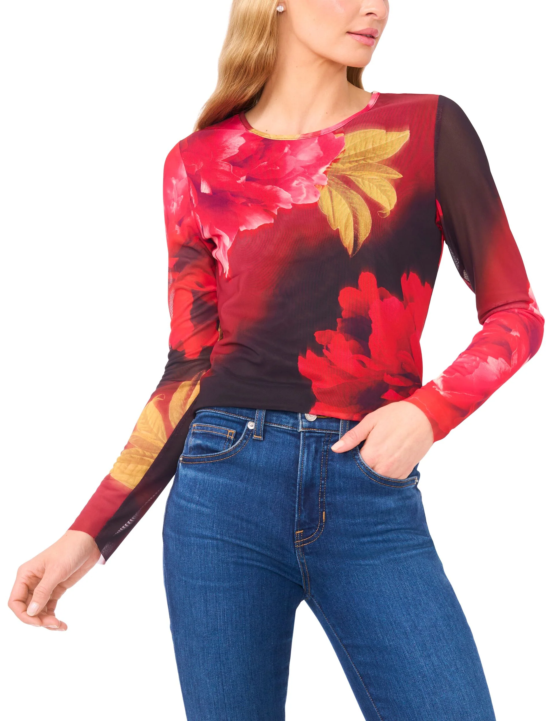 LONG SLEEVE MESH TOP | RED