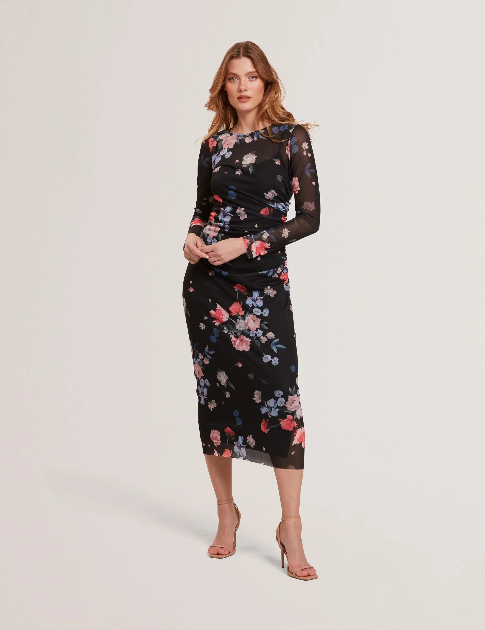 MESH PRINTED COLUMN DRESS | BLACK
