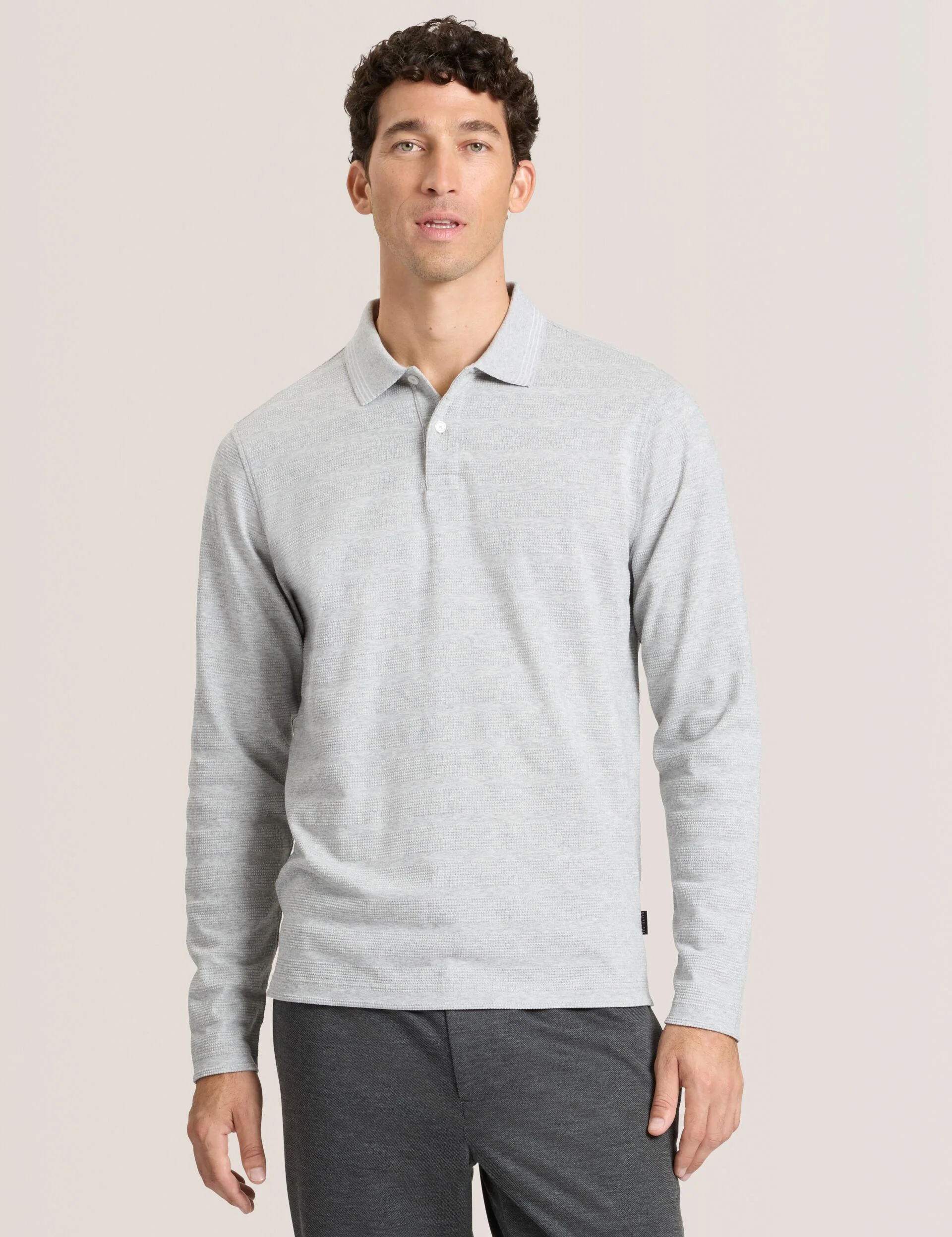 POPCORN STRIPE LONG SLEEVE POLO | GREY
