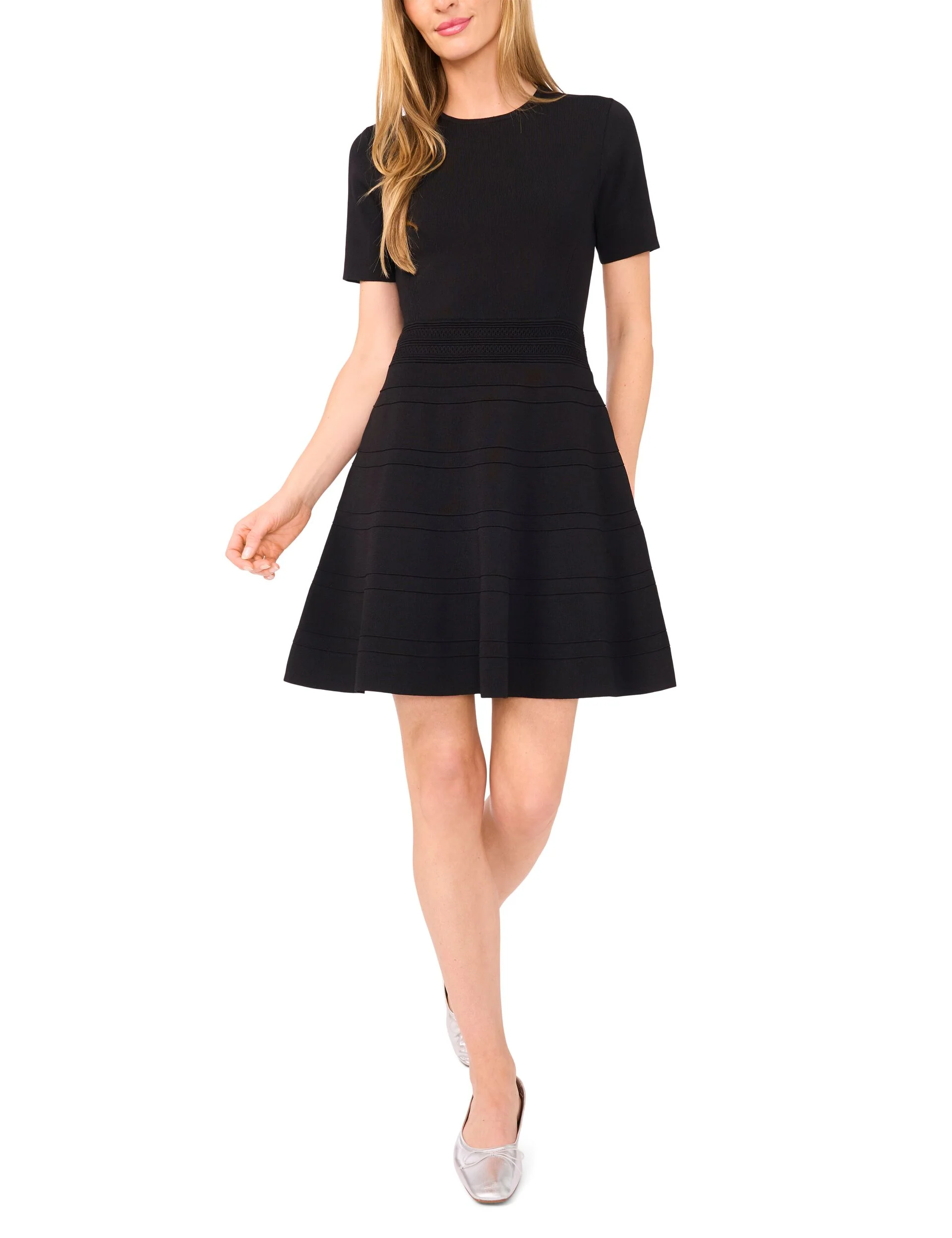 SHORT SLEEVE CREW NECK FLARE MINI DRESS | BLACK